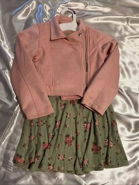Pink Glitter Moto Jacket with Olive Floral Skirt Set for Kids